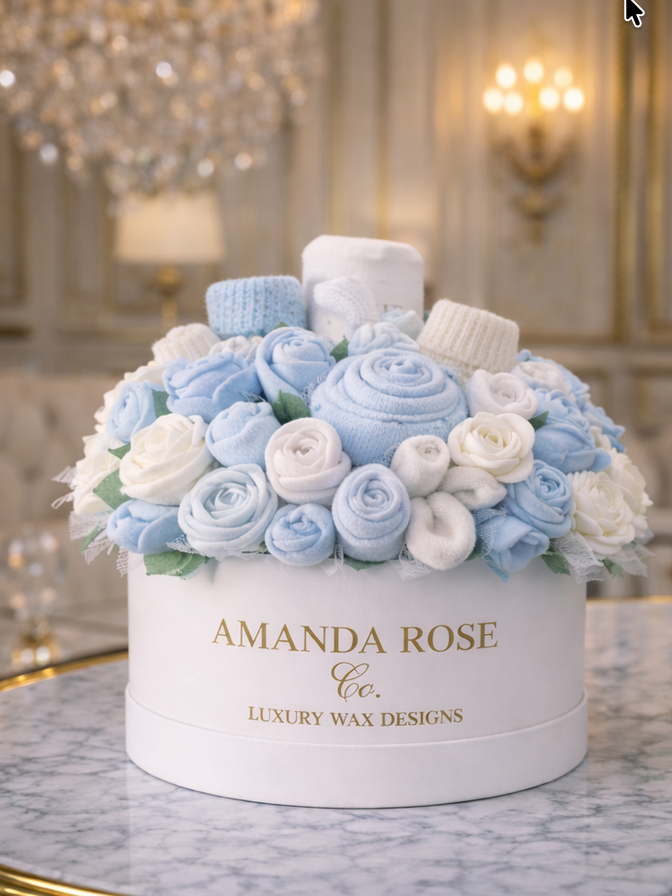 Luxury baby gift with handcrafted wax flowers and folded baby socks, Amanda Rose Co.