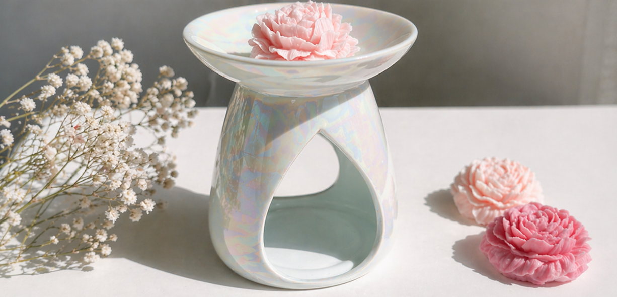 Tea light wax warmer glowing detail, quiet luxury by Amanda Rose Co.