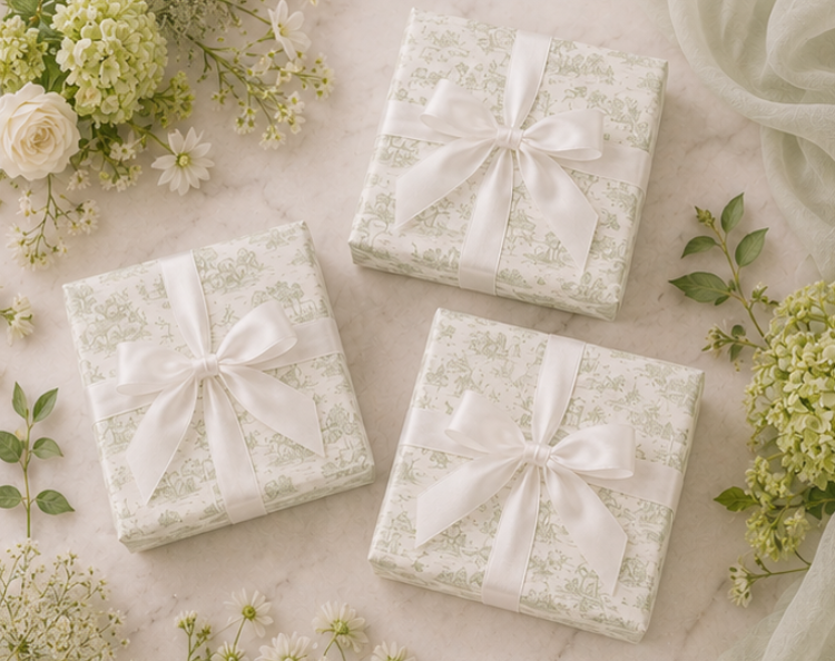 Three gift boxes with white ribbons on a light surface with floral decorations