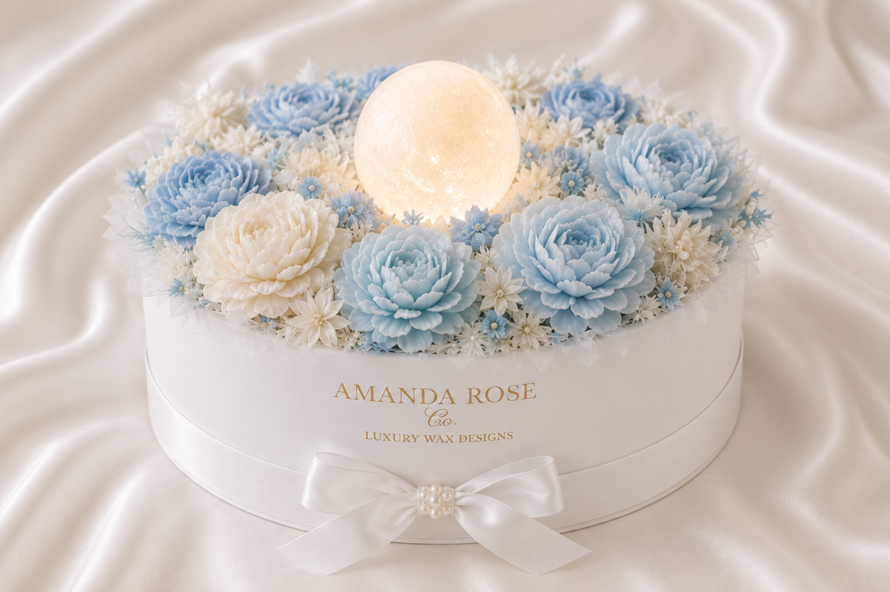 Decorative candle in a heart-shaped box with blue and white flowers, branded 'Amanda Rose'.