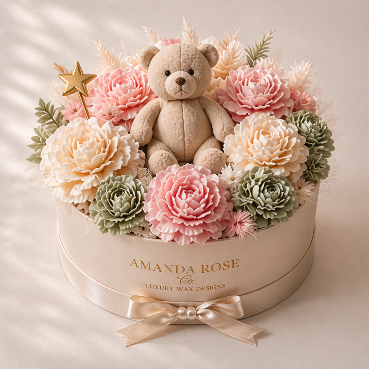 Nursery Teddy Bloom wax floral gift box with teddy bear accent by Amanda Rose Co.