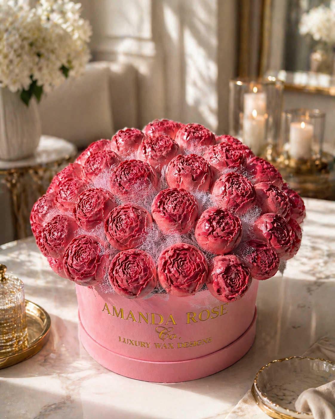 eloved Bloom luxury wax peony gift box in rich saturated tones, Amanda Rose Co.