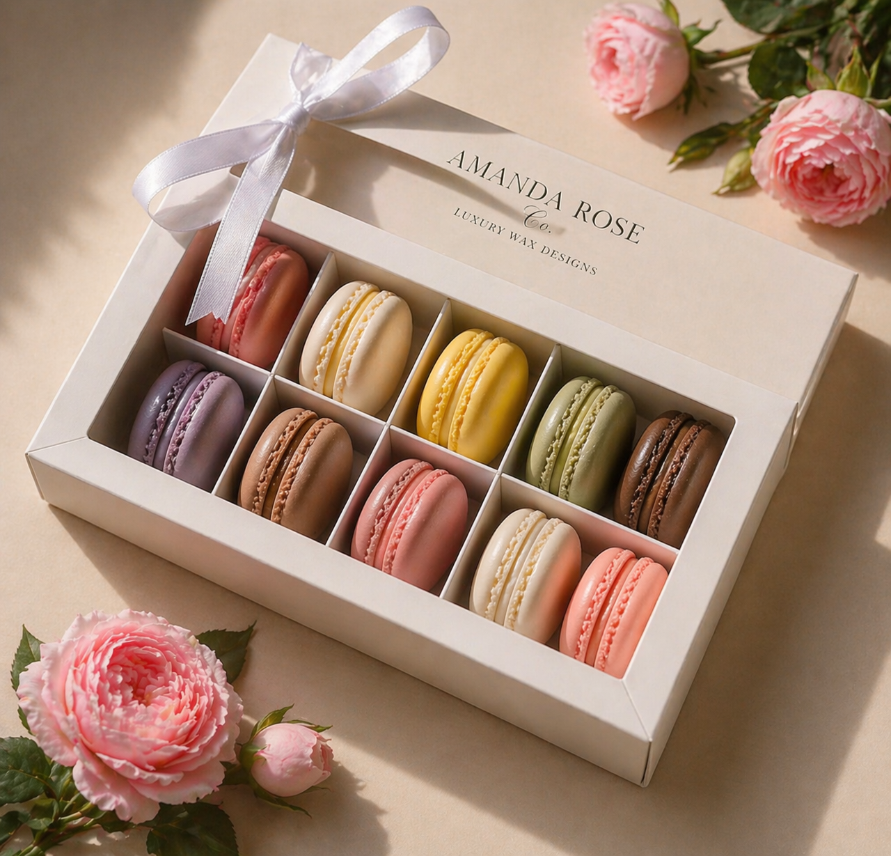 Wax macaron gift set close-up, handcrafted in Scottsdale AZ by Amanda Rose Co.