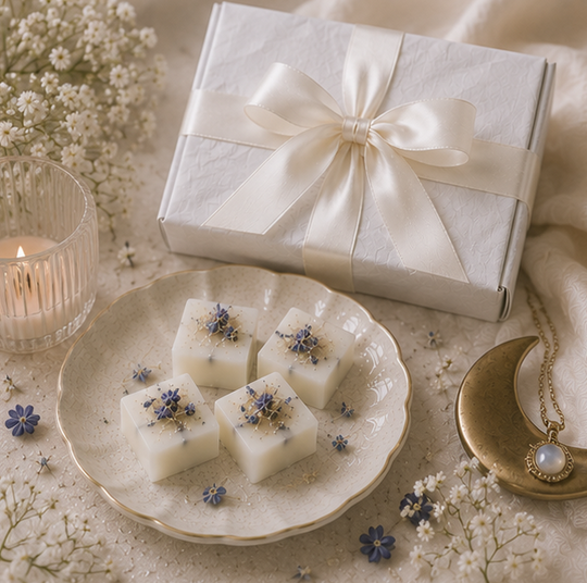 Gift box with a bow, plate of white cubes with flowers, and necklace on a decorative surface.
