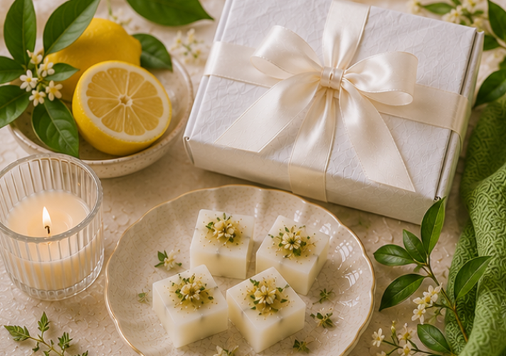 Gift box with a bow, lemon slices, a candle, and decorative plates with white wax melts on a light surface.