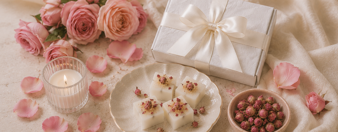 Gift box, pink roses, candle, and dessert on a textured surface
