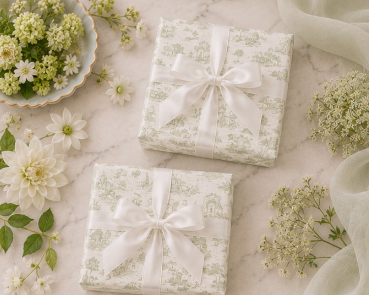 Two gift boxes with floral patterns and white ribbons on a marble surface with flowers.