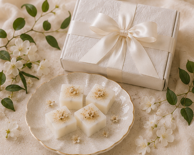 Decorative plate with white cubes and flowers, next to a gift box with a bow on a light background.