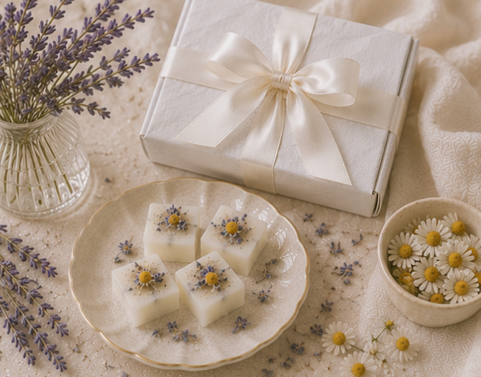 Gift box with a bow, lavender, and decorative wax melts on a textured surface