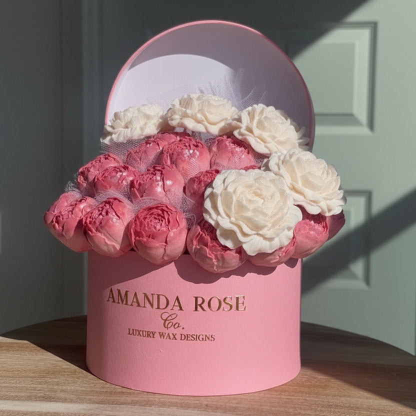 Heavenly Garden wax peony and rose gift box in pink and white by Amanda Rose Co.