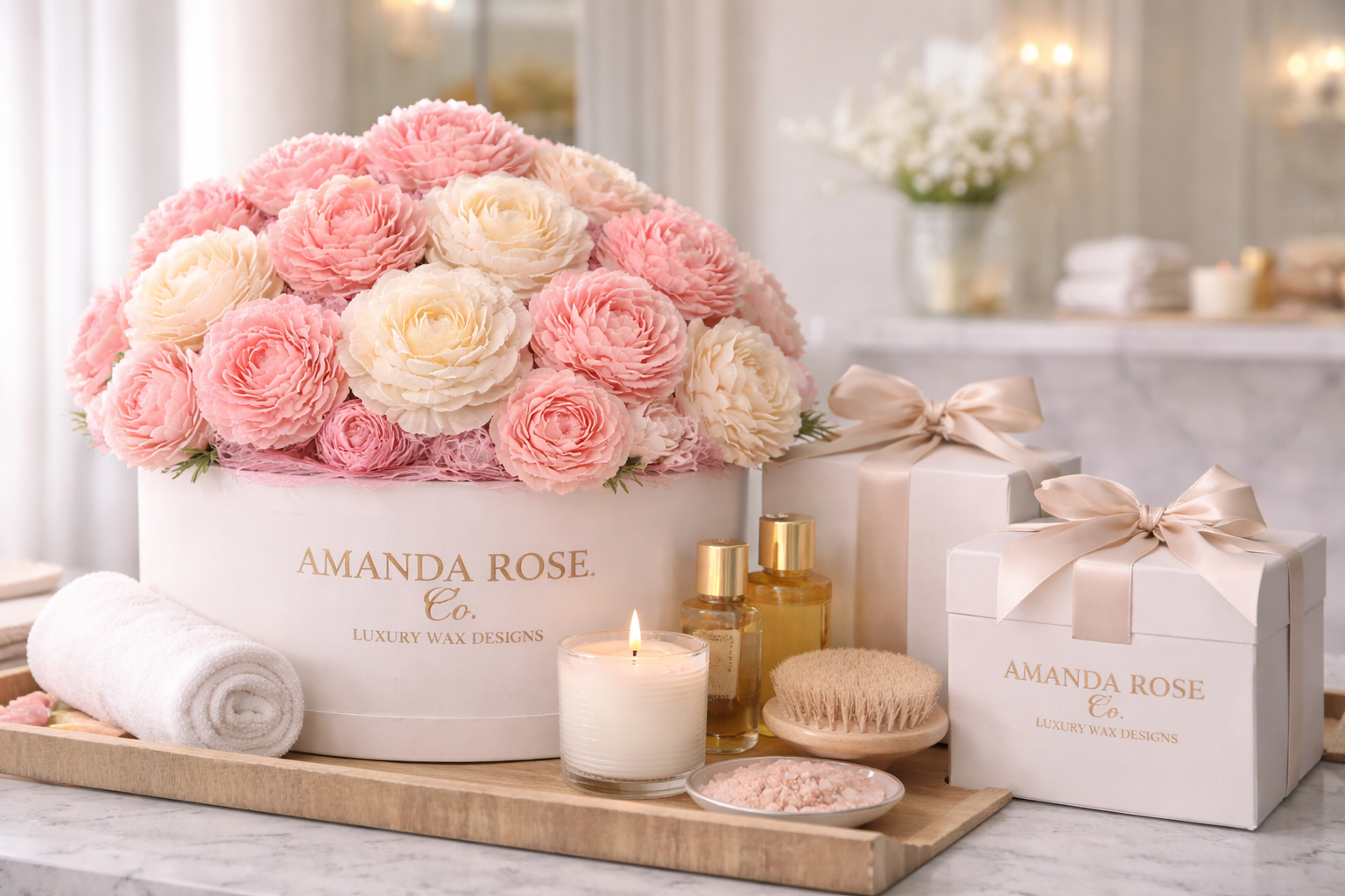 Lumière Bloom luxury wax floral gift box in ivory and soft tones by Amanda Rose Co.