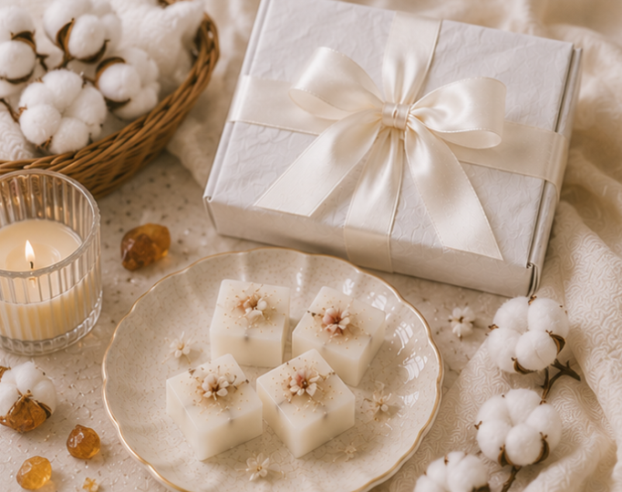 Gift box with a bow, plate of white cubes with flowers, candle, and cotton branches on a textured surface.