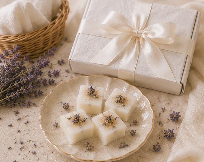 White wrapped gift with a bow, lavender flowers, and white cubes on a plate.