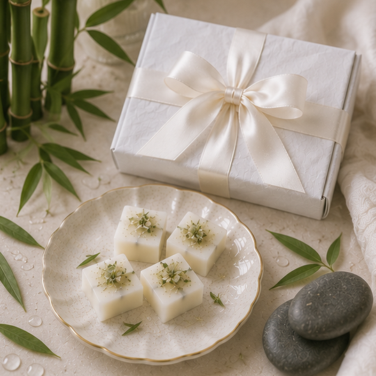 Gift box with a white ribbon on a stone surface with a plate of white cubes and green leaves.