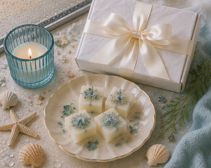 Wax Melts Gift box with a bow, candle, and decorative Wax Melts on a textured surface with shells and starfish.