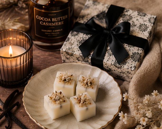 Cocoa butter cashmere wax melts with candles and a gift box on a wooden surface.