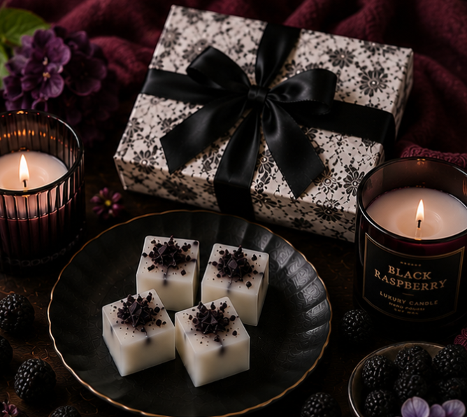 Gift box with black ribbon, black raspberry candles, and white wax melts on a dark surface.