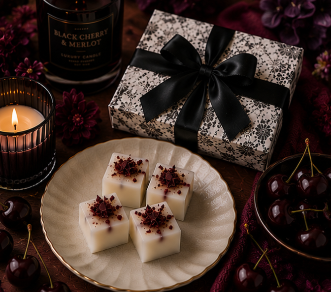 Decorative plate of white wax melts with red toppings, wrapped gift box, and lit candle on a dark surface.