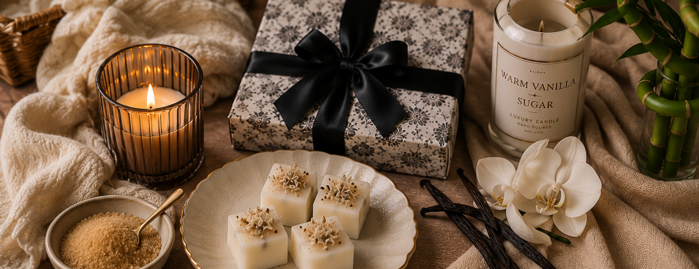 Table setting with wax melt cubes, candles, and a gift box.