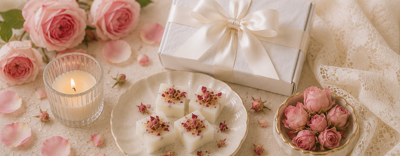 Gift box, candle, and flowers on a decorative tablecloth