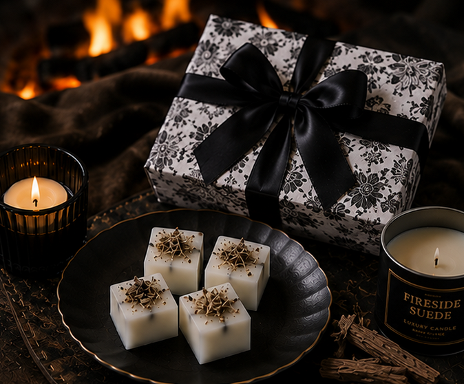 Gift box with black ribbon, candles, and wax tarts on a table with a fire in the background