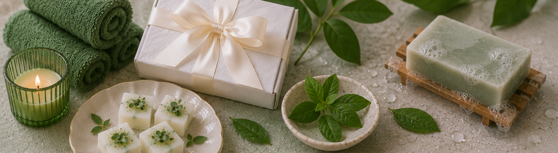 Wax melts Gift box, soap, and greenery on a textured surface.