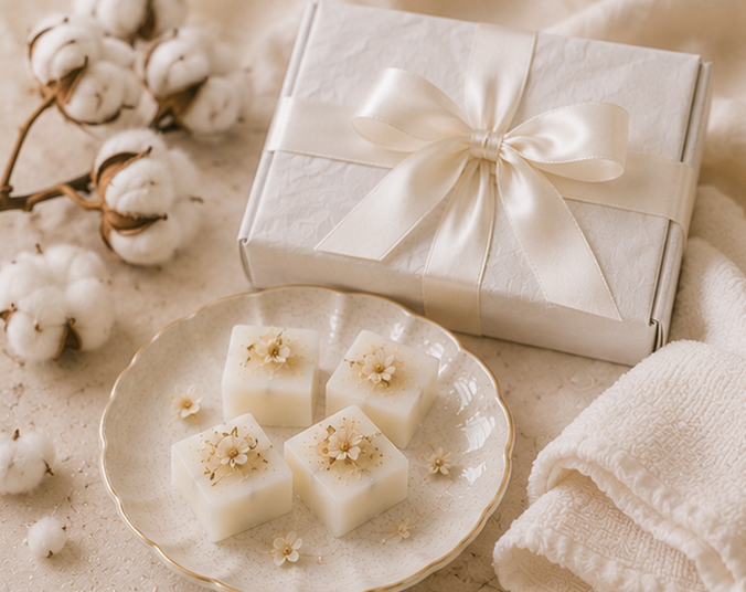 Gift box with a bow, soap cubes on a plate, and cotton flowers on a soft background