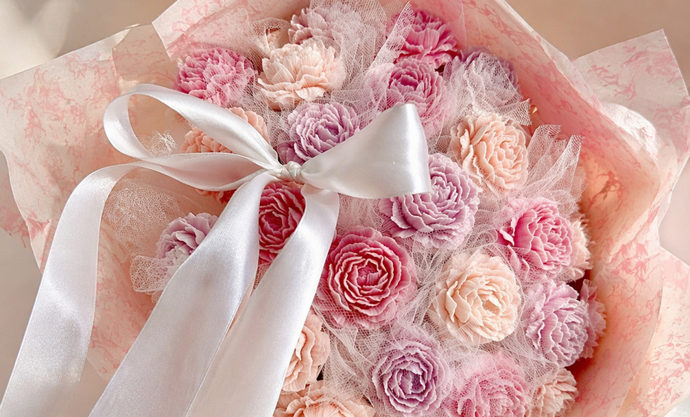 Isabella wax rose bouquet in blush tones tied with satin ribbon by Amanda Rose Co.