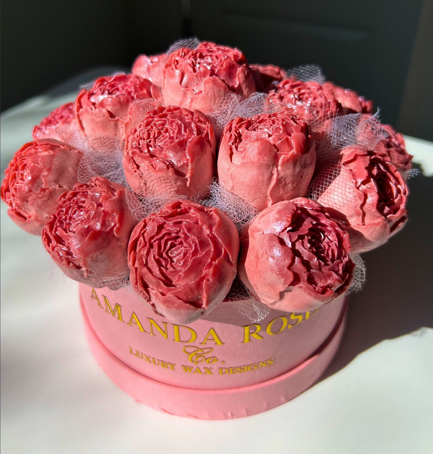 Bold hand-poured wax peony blooms in deep romantic hues by Amanda Rose Co.