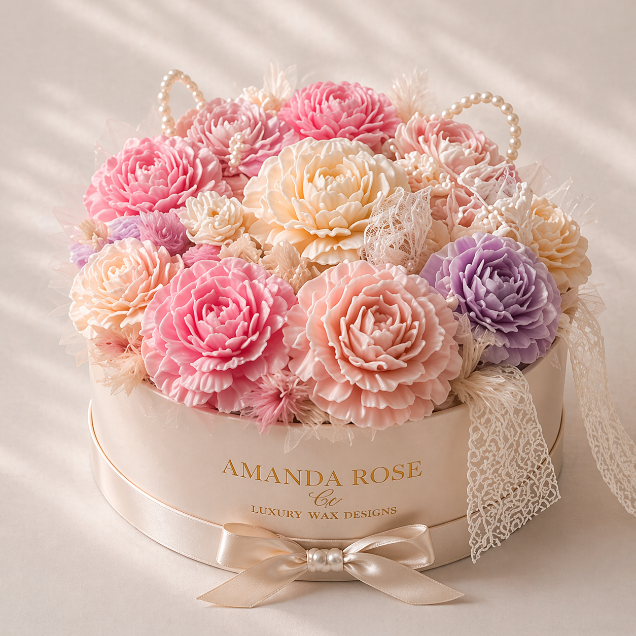Heirloom Bloom luxury wax floral keepsake gift box, timeless design by Amanda Rose Co.
