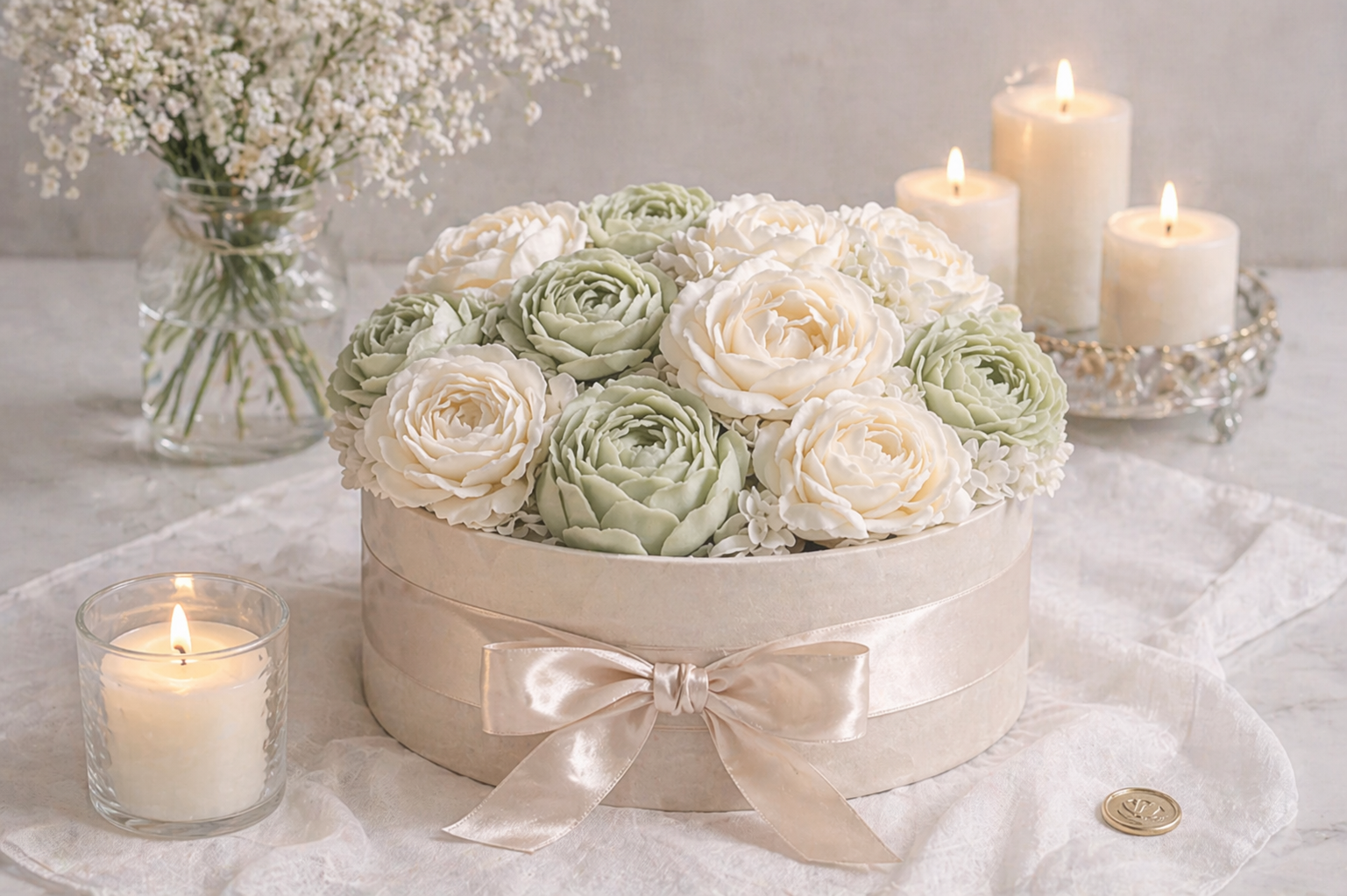 Tranquil Garden wax floral arrangement in soft greens and whites by Amanda Rose Co.
