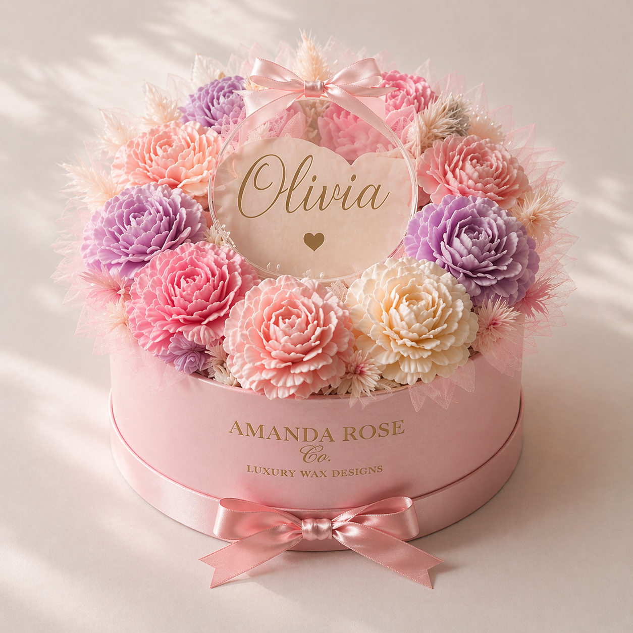 Name Reveal Bloom wax floral gift box for baby name announcement by Amanda Rose Co.
