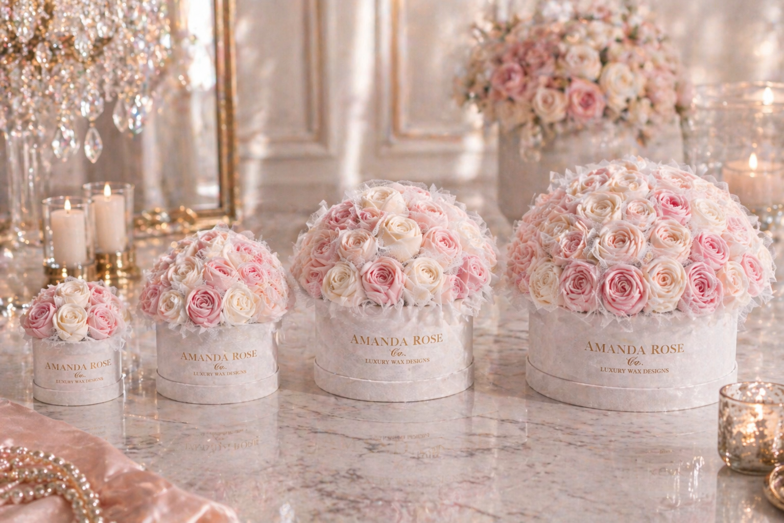 Sculpted soy wax rose buds with tulle accents, luxury floral gift Amanda Rose Co.