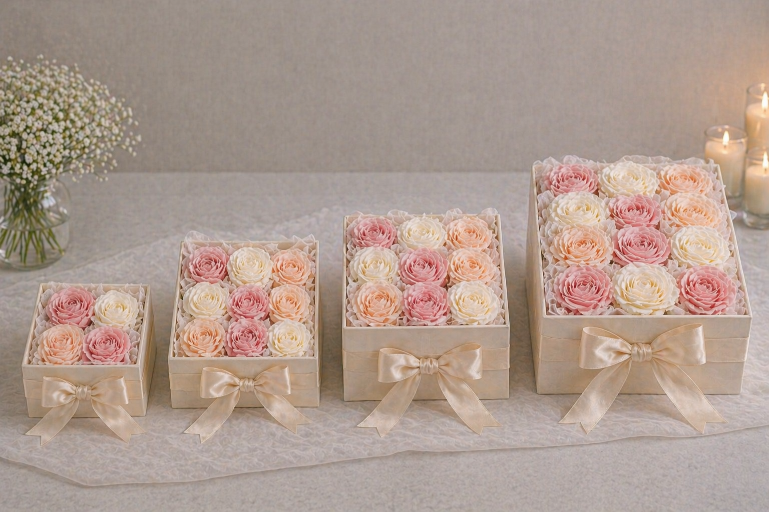 Keepsake Bloom Box satin ribbon detail, hand-poured wax roses by Amanda Rose Co.
