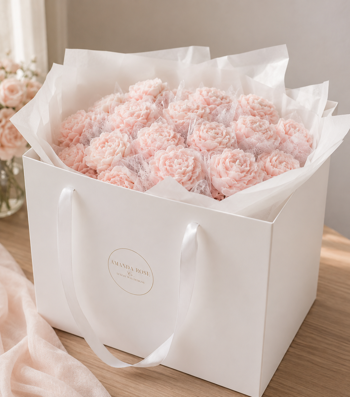 Bouquet of pink flowers in a white box on a wooden surface