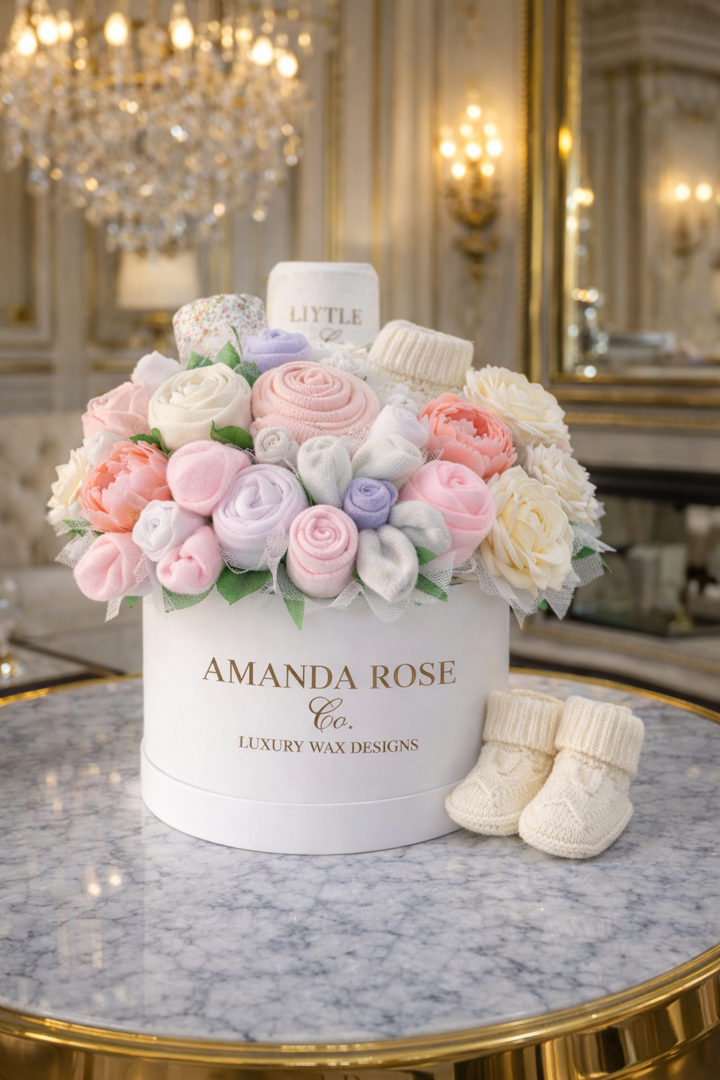 Tender Bloom newborn gift box with wax florals and baby socks by Amanda Rose Co.
