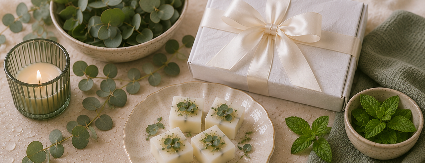 wax melt Gift box with a white bow, plate of dessert bars with green garnishes, and bowls of greenery on a textured surface.