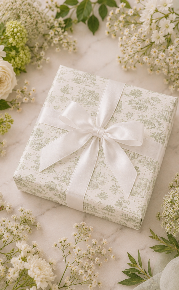 Gift box with white ribbon surrounded by small white flowers on a marble surface