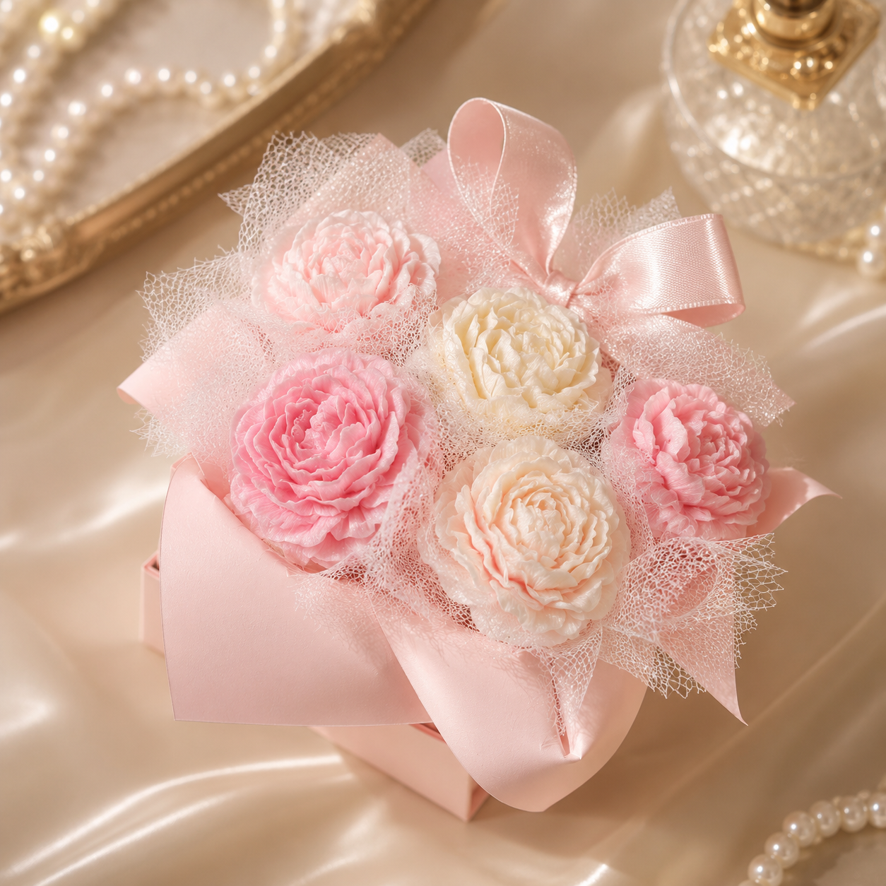 Decorative box with pink and white flowers on a beige surface