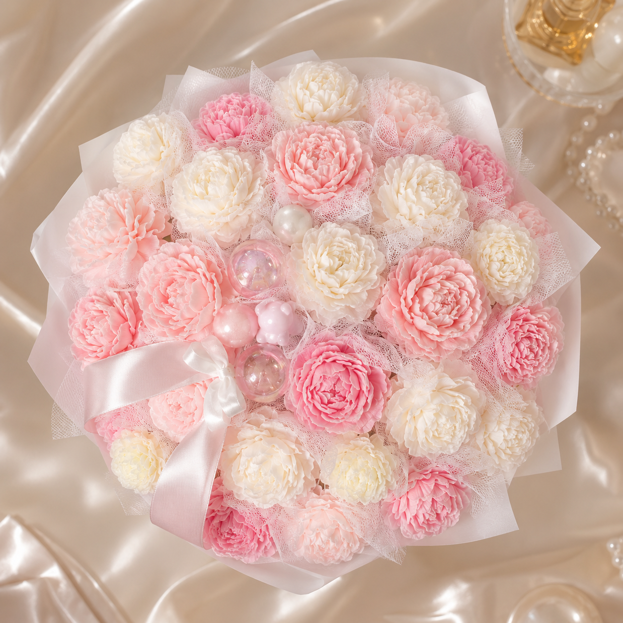Heart-shaped arrangement of pink and white flowers with pearls on a textured surface