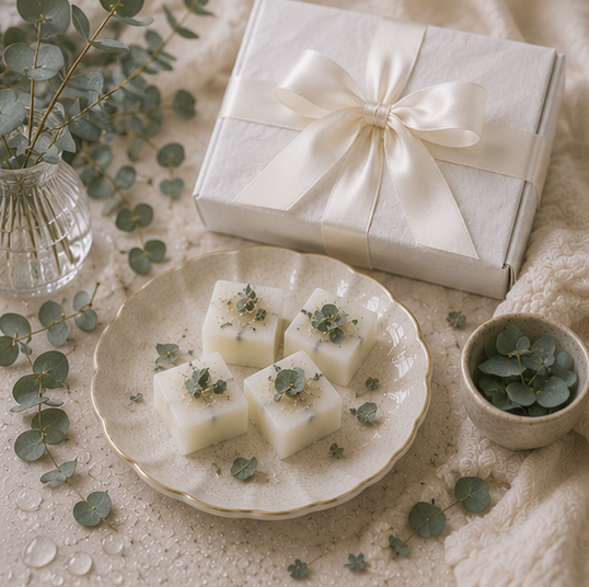 Decorative plate with white cubes, a gift box with a bow, and eucalyptus leaves on a textured surface.