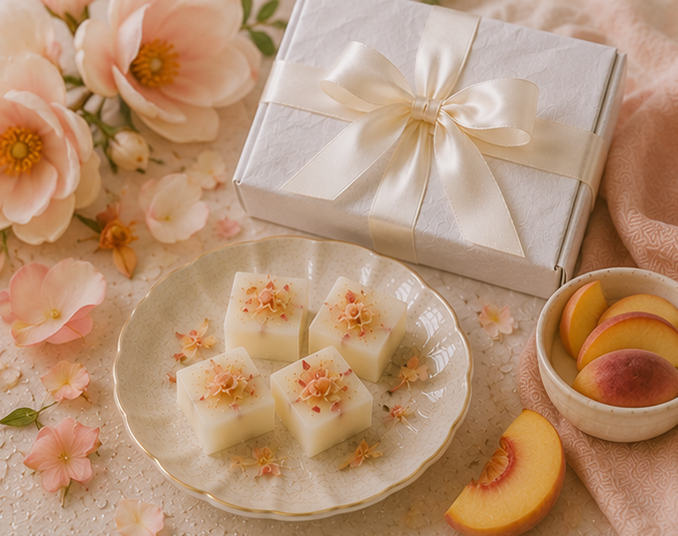 Decorative plate of wax melts with floral decorations, a gift box, and peaches on a floral background.