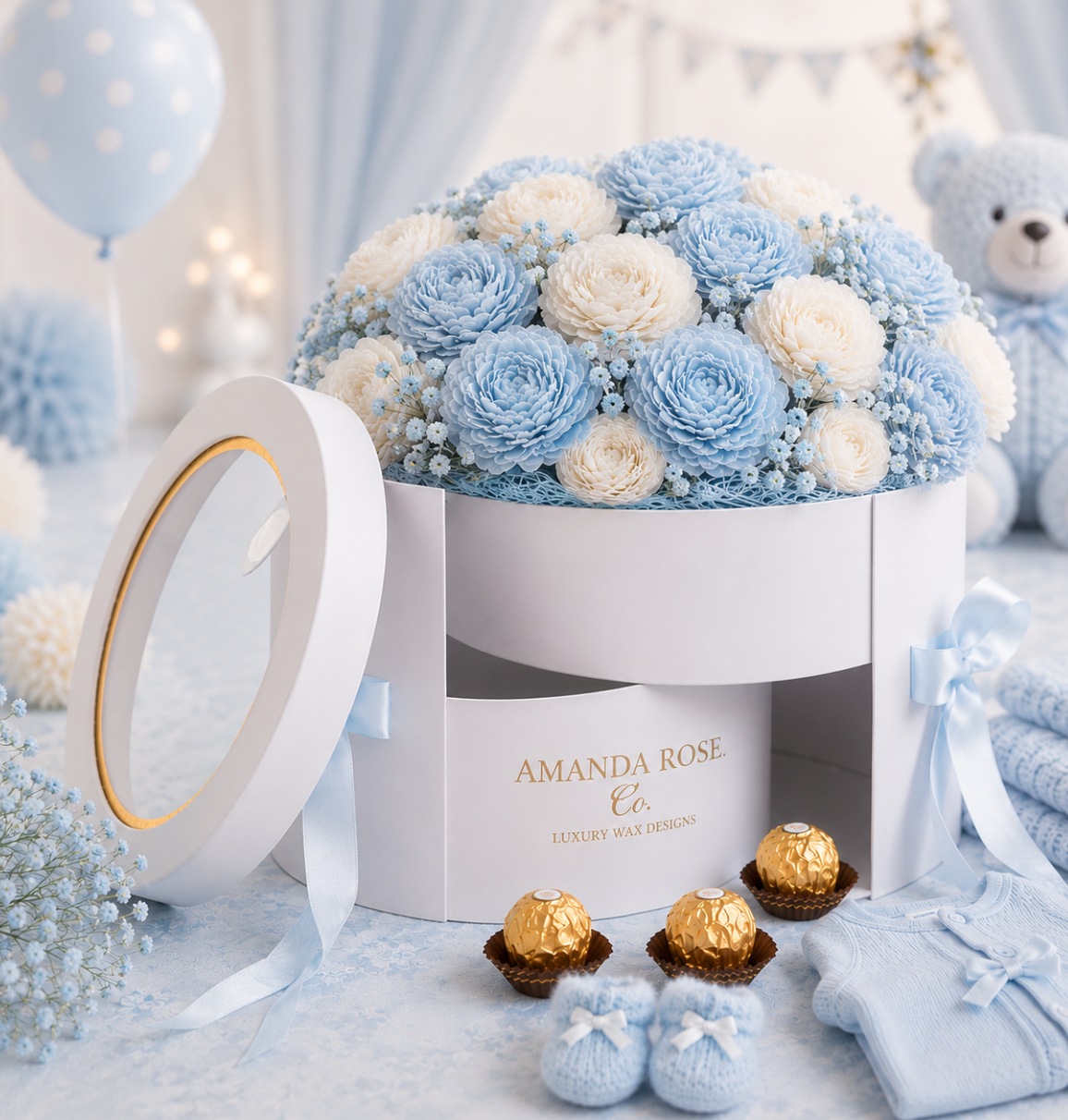 White box with blue and white flowers, surrounded by baby shoes and chocolate, on a light background.