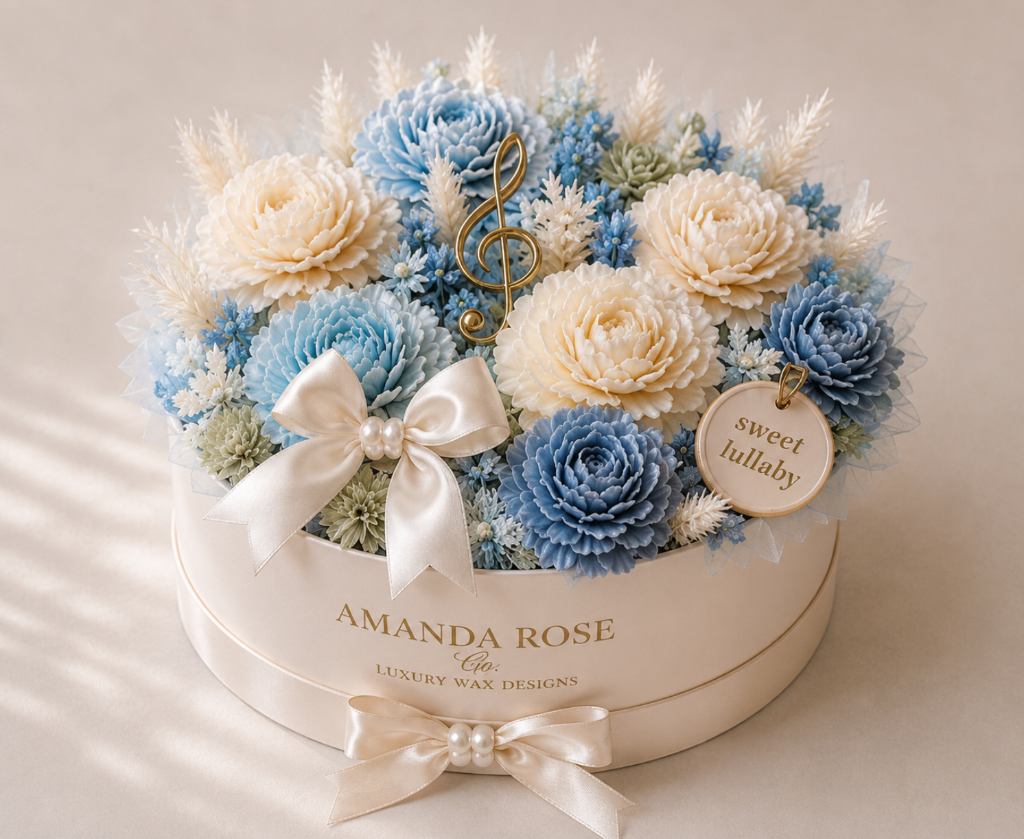 Floral arrangement in a box with 'Amanda Rose' branding on a neutral background