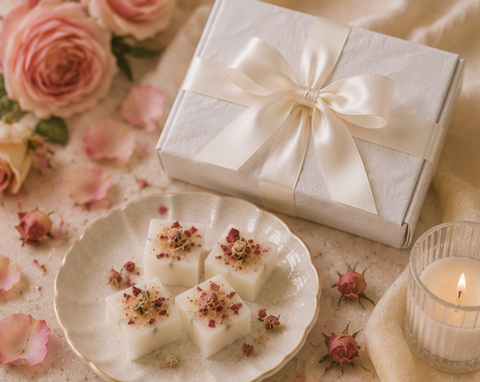 Gift box with a bow, plate of white treats with rose petals, and a lit candle on a decorative surface with flowers.