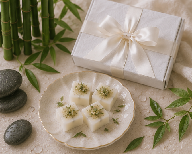 Decorative plate with wax melts gift box with bow, and greenery on a textured surface