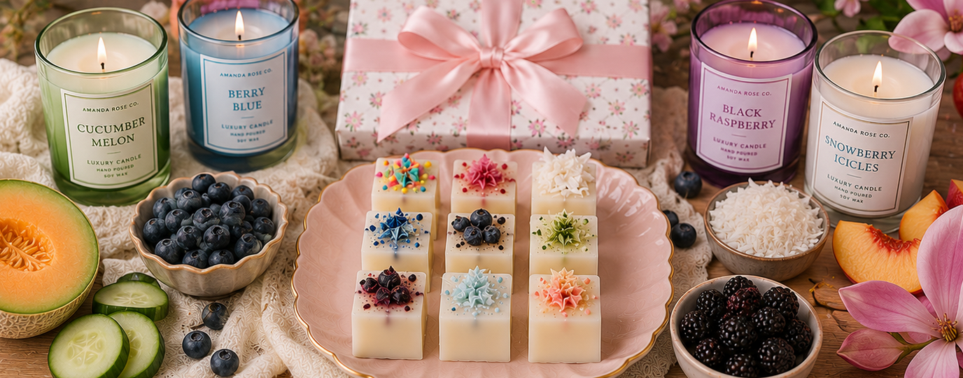 Assorted candles and wax melts with fruits and flowers on a table