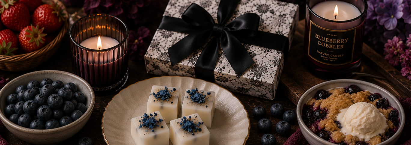 Candlelit scene with blueberries, dessert, and a gift box with wax melts