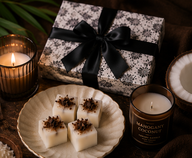 Gift box with black ribbon, candle, and wax melts on a table
