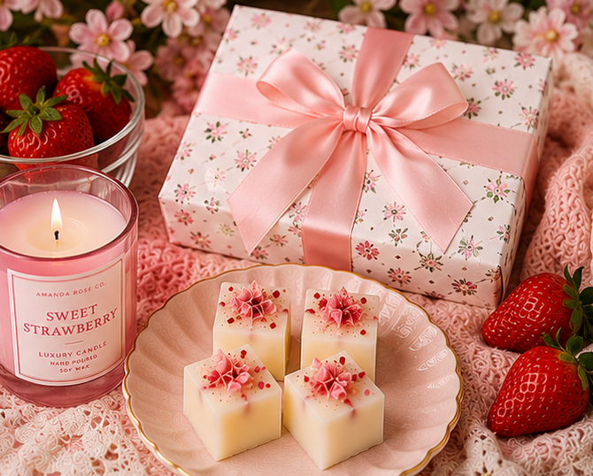 Gift box with pink ribbon, strawberry-themed candles, and wax melts on a floral background